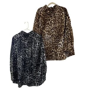 Lot Of 2 Roman's Button Up Tops Plus Size 22W Black Brown Leopard Animal Print